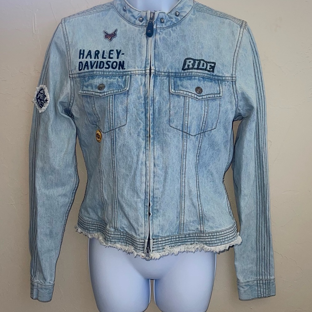 Small Vintage Harley-Davidson Studded Biker Patches Frayed Denim Zip Jean Jacket